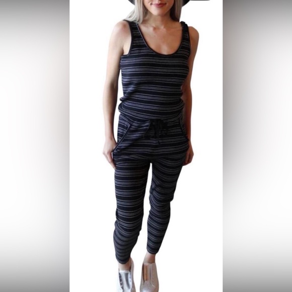 BOBI JUMPSUIT BLACK/WHITE STRIPED NWT - Picture 2 of 5